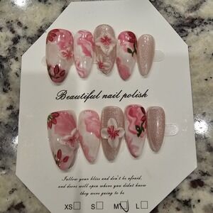 Handmade Acrylic Press On Nails Pink Floral Medium Almond